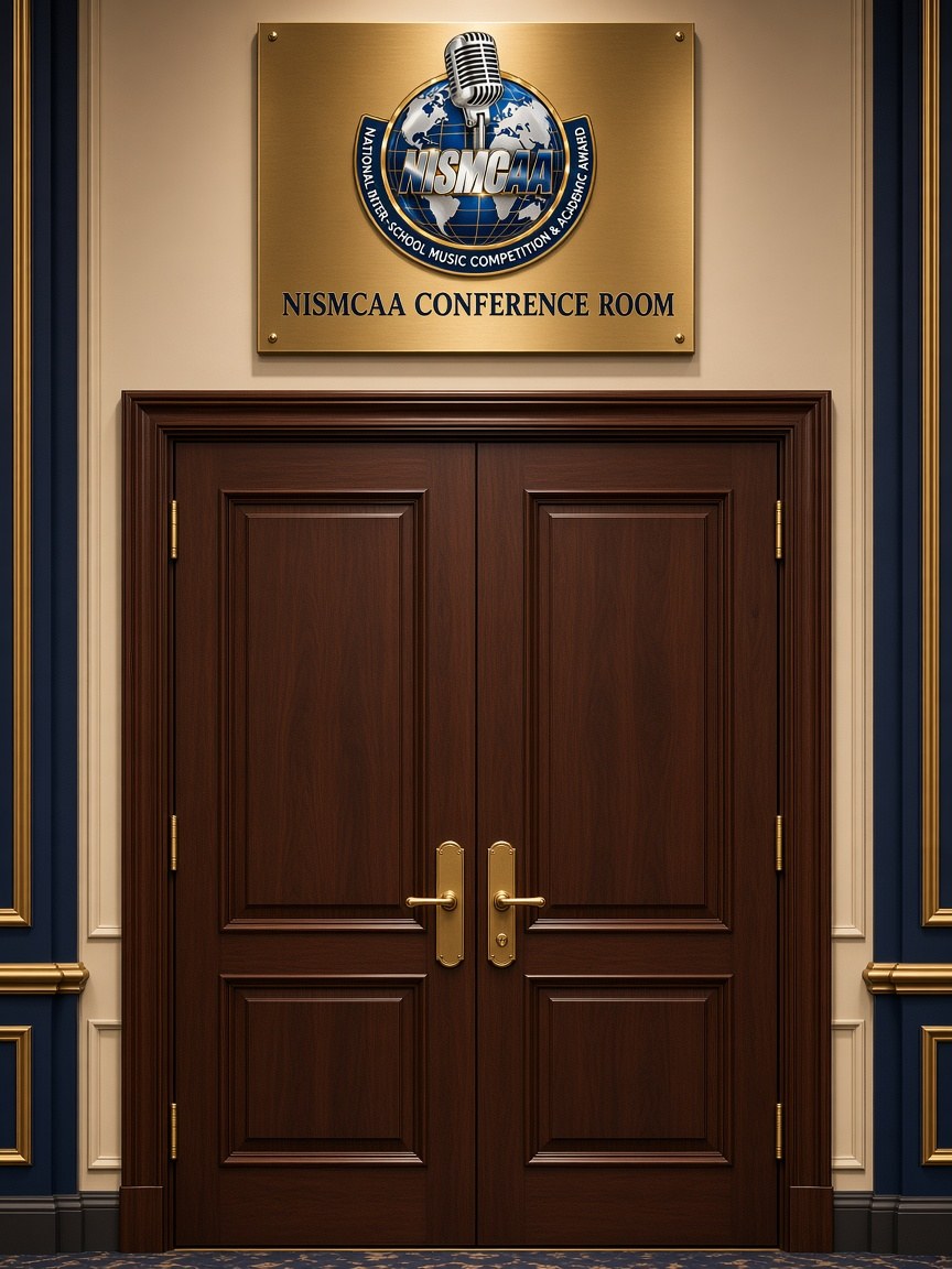 Double doors of the NISMCAA Conference Room under a brass plaque with the NISMCAA logo