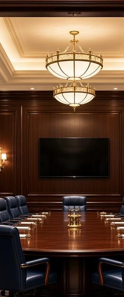 Inside the conference room: a long table, navy chairs and a lit chandelier