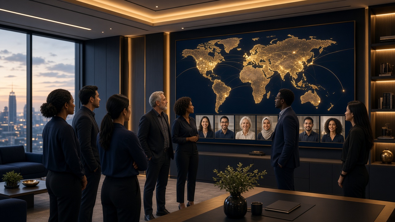 NISMCAA team meeting in front of a world map